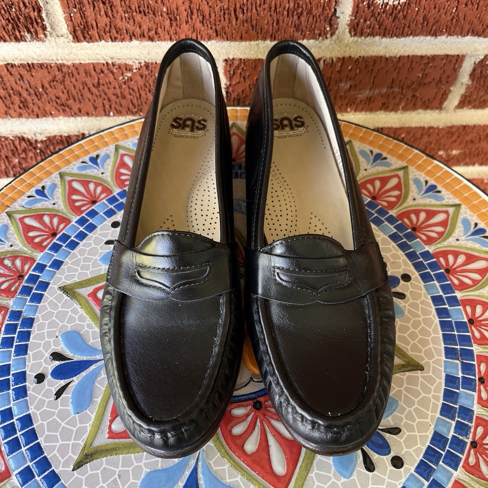 Sas Wink Penny Loafer Womens 7.5 Slim Black Leather Slip On Comfort Made In Usa